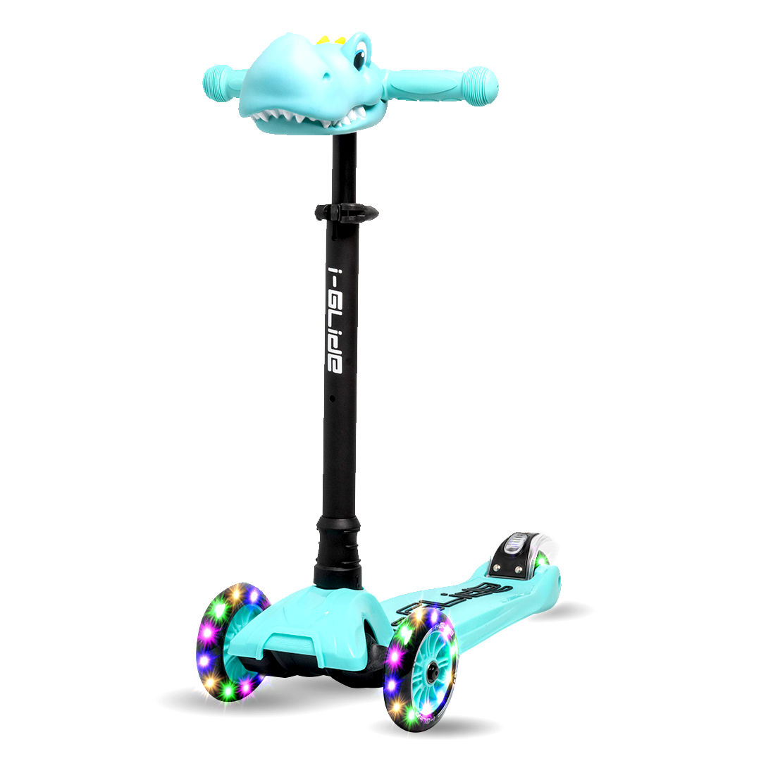 i-Glide 3 Wheel Kids Scooter Aqua with Dino Head