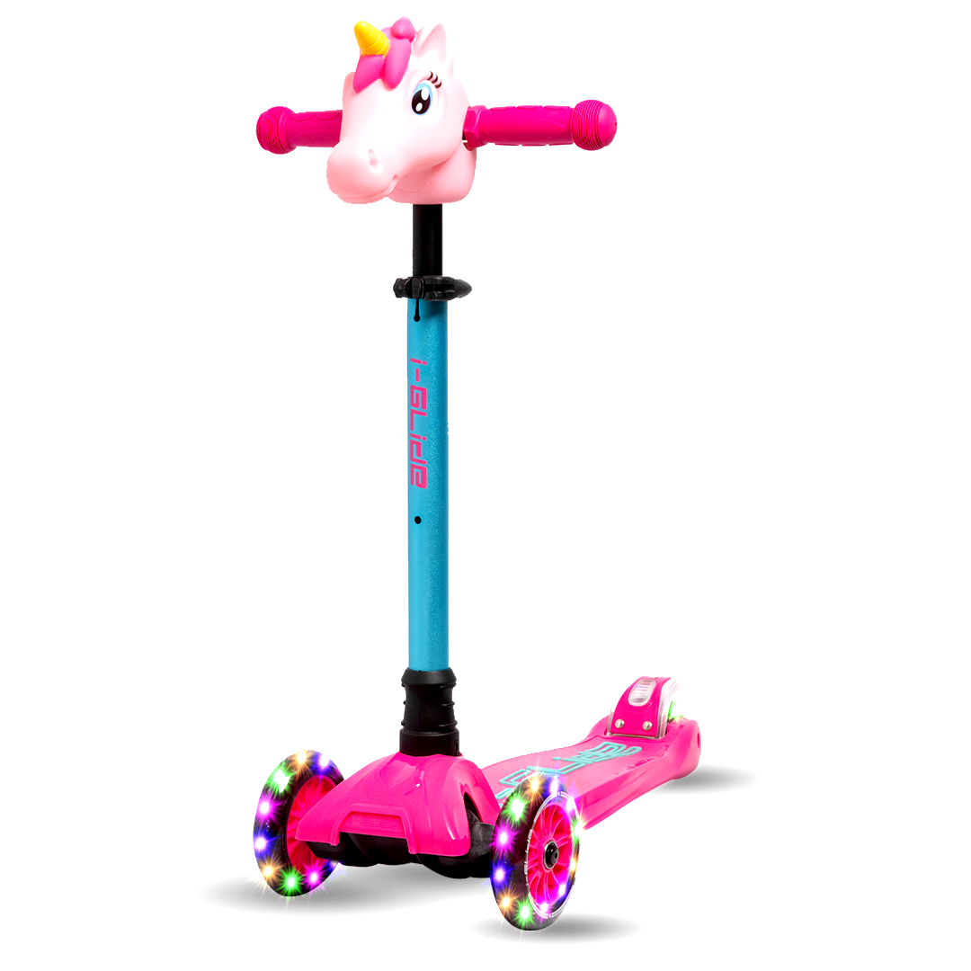 i-Glide 3 Wheel Kids Scooter Pink/Aqua with Unicorn Head