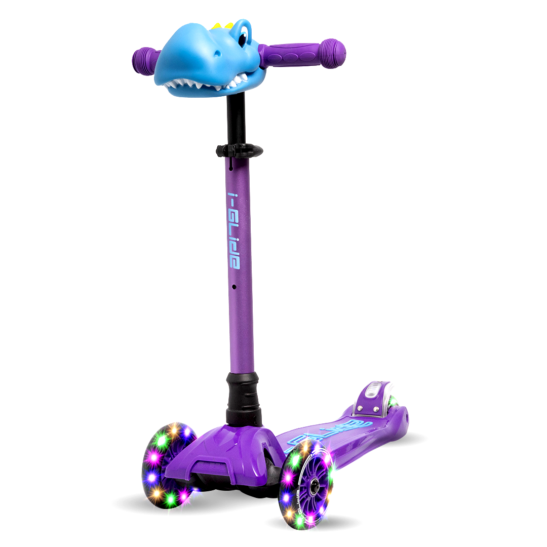 i-Glide 3 Wheel Kids Scooter Purple/Blue with Dinosaur Head
