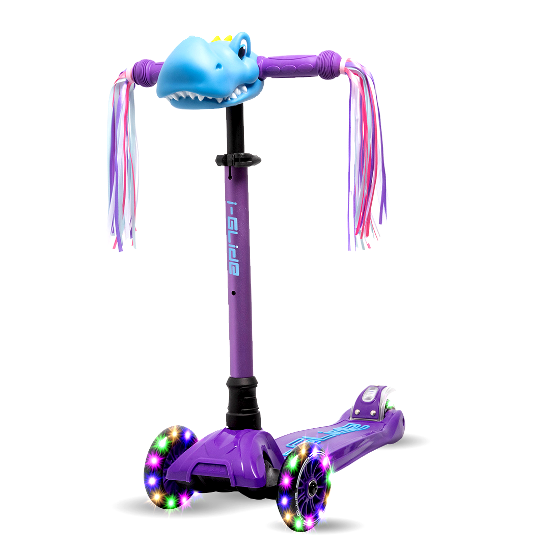 i-Glide 3 Wheel Kids Scooter Purple/Blue with Dinosaur Head and Ribbons