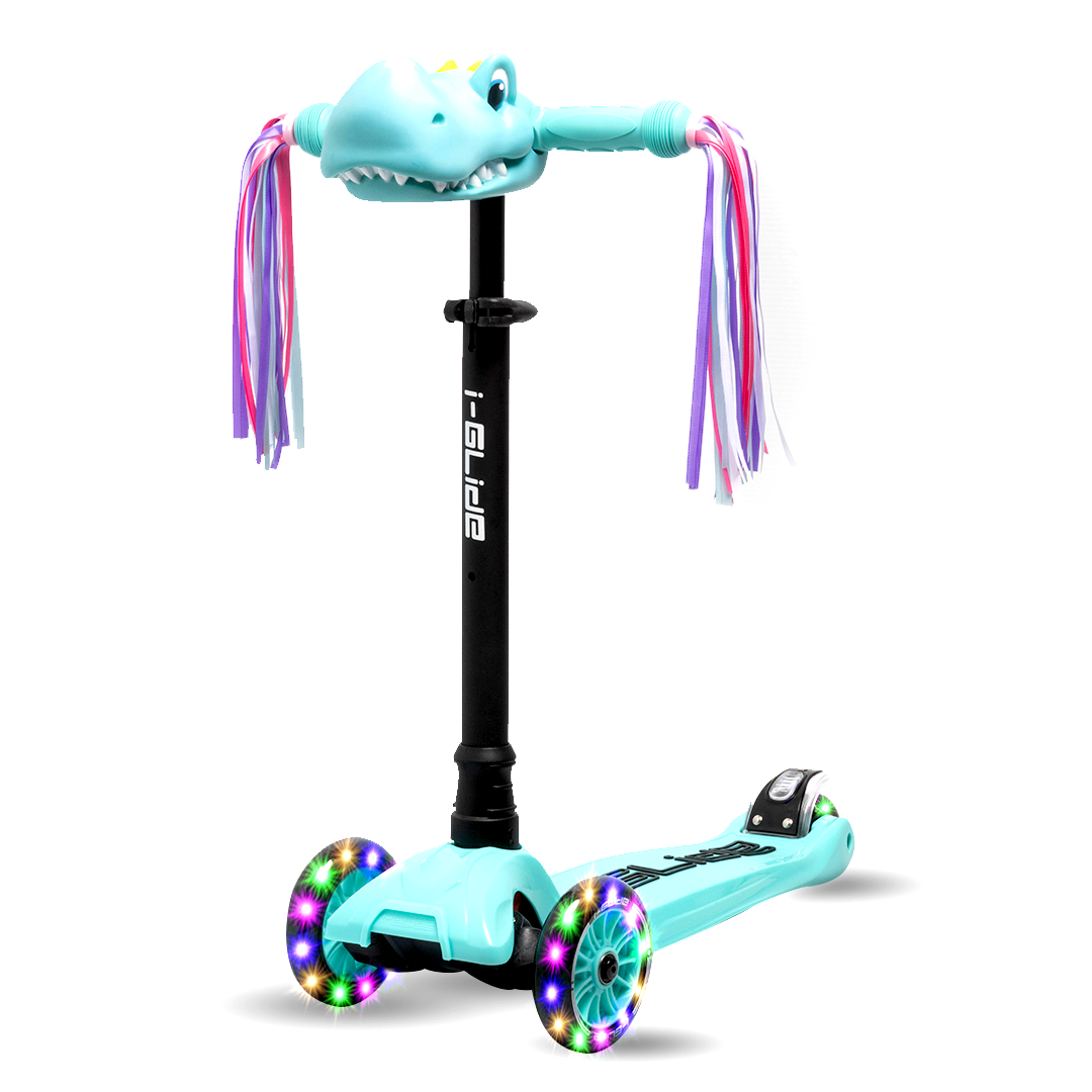 i-Glide 3 Wheel Kids Scooter Aqua with Dinosaur Head and Ribbons