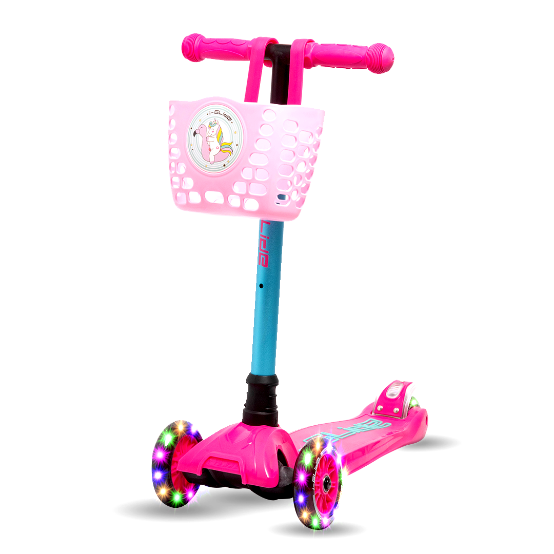 i-Glide 3 Wheel Kids Scooter Pink/Aqua with Basket