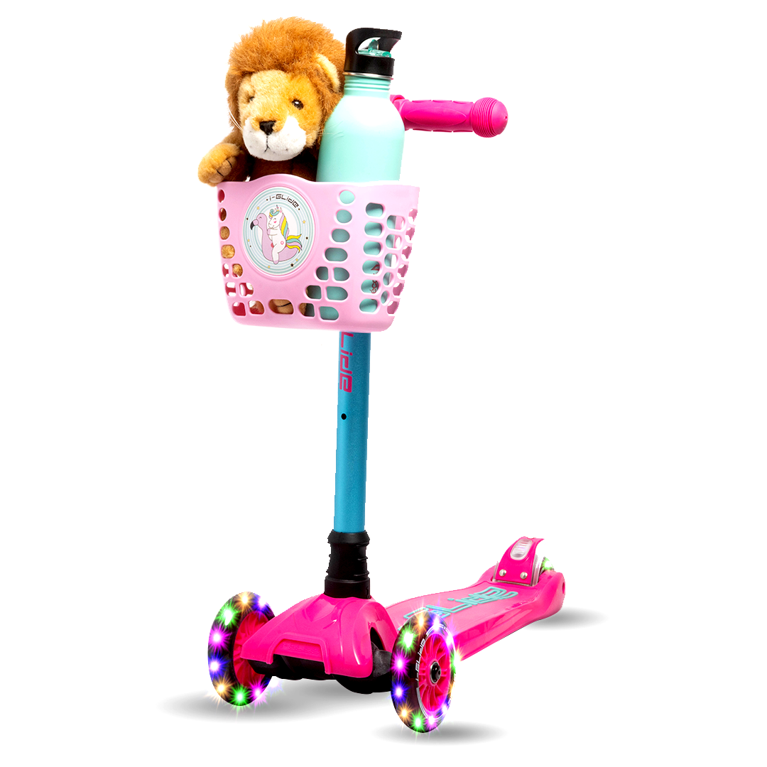 i-Glide 3 Wheel Kids Scooter Pink/Aqua with Basket