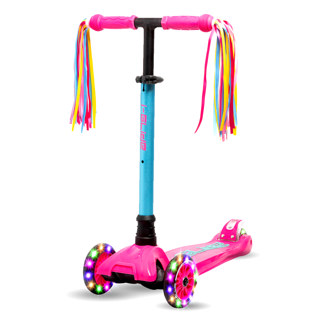 i-Glide 3 Wheel Kids Scooter Pink/Aqua with Ribbons