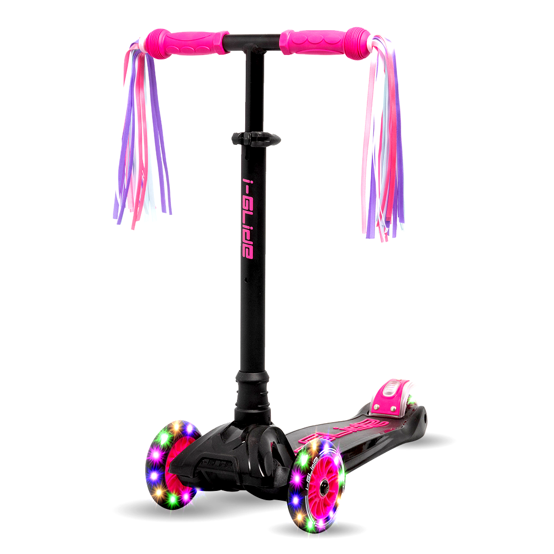 i-Glide 3 Wheel Kids Scooter Black/Pink with Ribbons