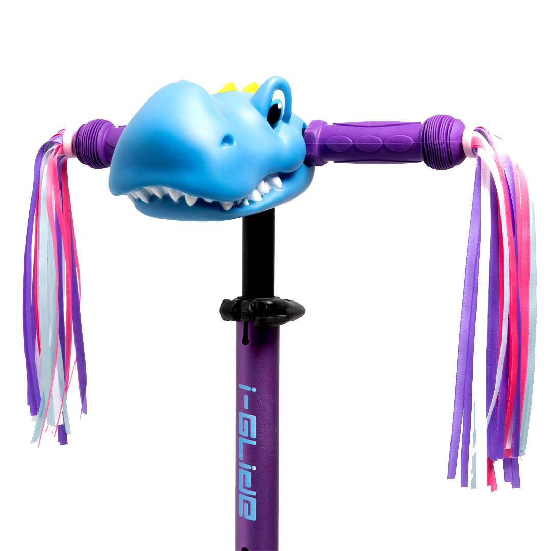 i-Glide 3 Wheel Kids Scooter Purple/Blue with Dinosaur Head and Ribbons