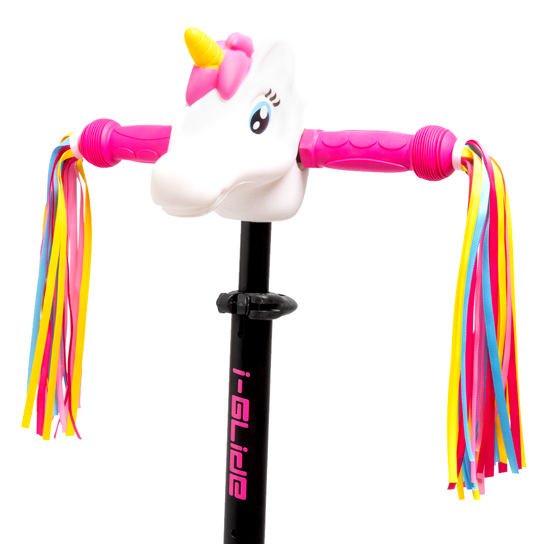 i-Glide 3 Wheel Kids Scooter Black/Pink with Unicorn Head and Ribbons