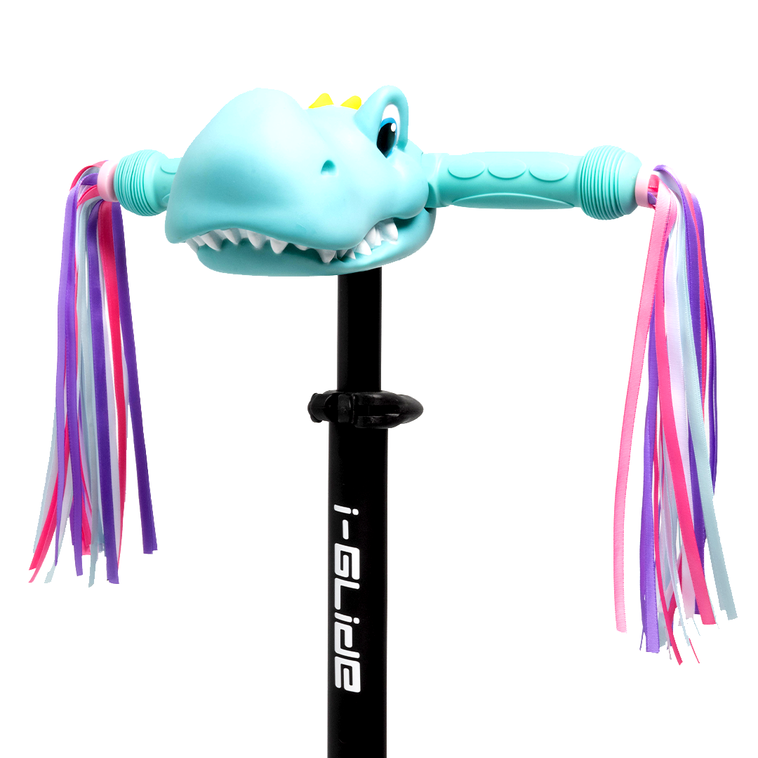 i-Glide 3 Wheel Kids Scooter Aqua with Dinosaur Head and Ribbons