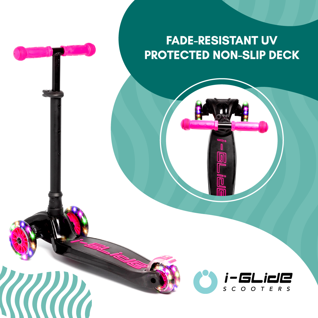 i-Glide 3 Wheel Kids Scooter Black/Pink with Unicorn Head and Ribbons
