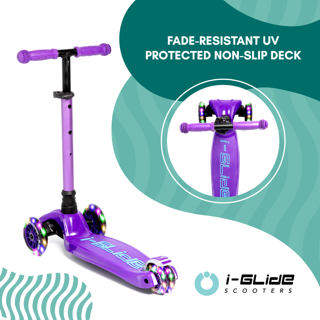 i-Glide 3 Wheel Kids Scooter Purple/Blue with Dinosaur Head and Ribbons