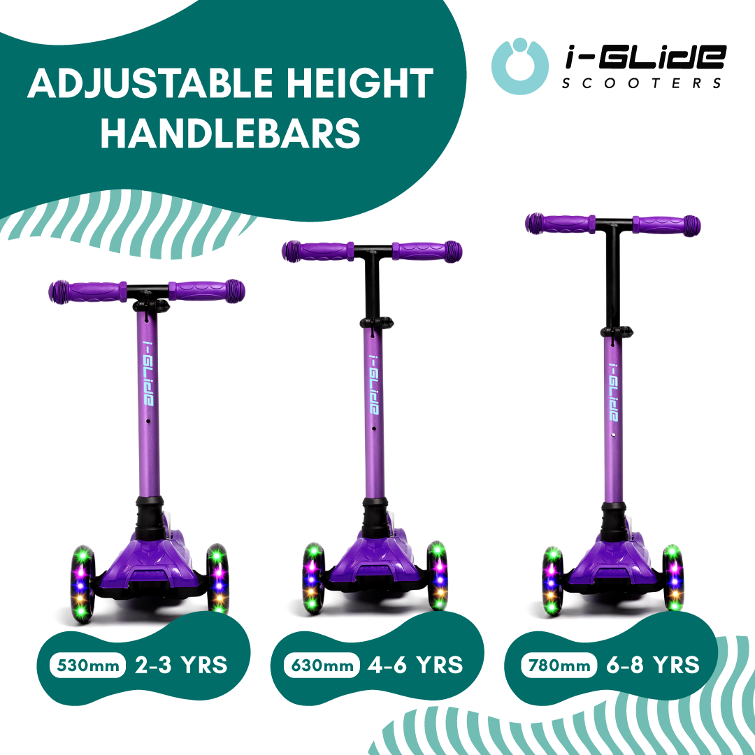 i-Glide 3 Wheel Kids Scooter Purple/Blue with Dinosaur Head and Ribbons