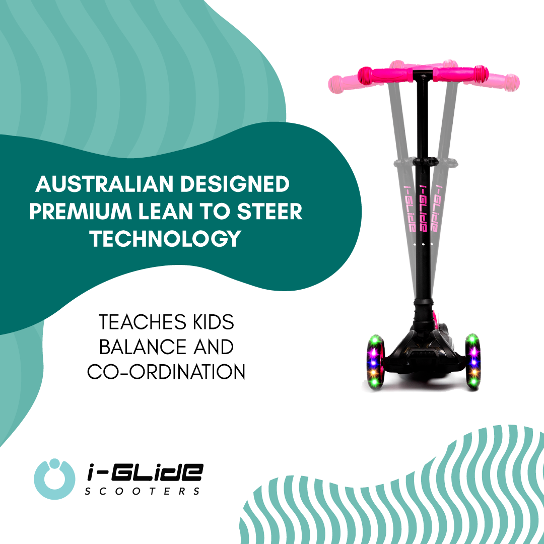 i-Glide 3 Wheel Kids Scooter Black/Pink with Unicorn Head and Ribbons