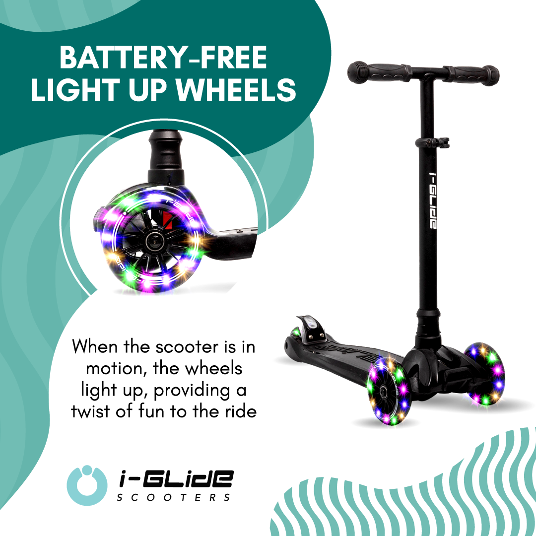 i-Glide 3 Wheel Kids Scooter Black with Dinosaur Head and Ribbons