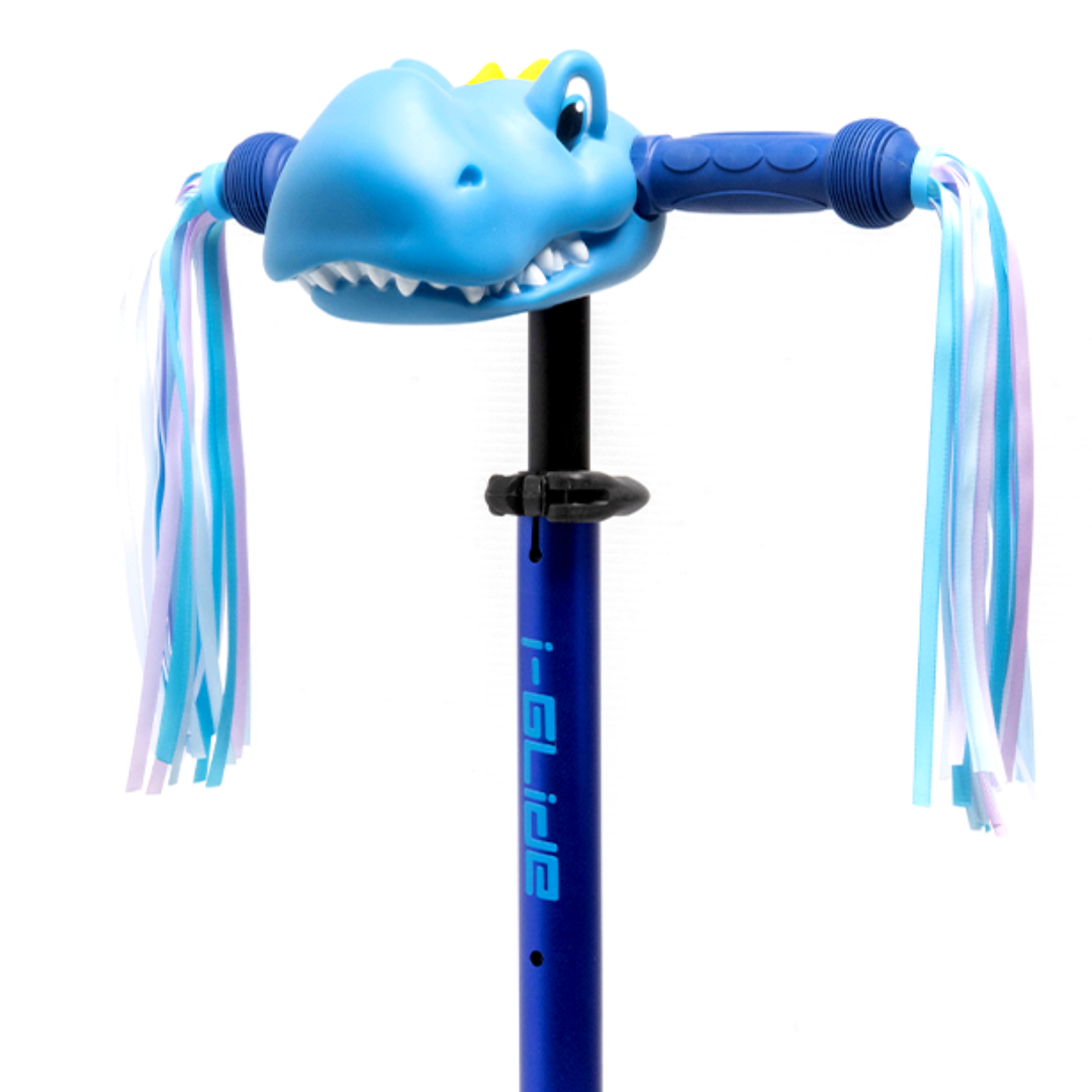 i-Glide 3 Wheel Kids Scooter Blue/Blue with Dinosaur Head and Ribbons