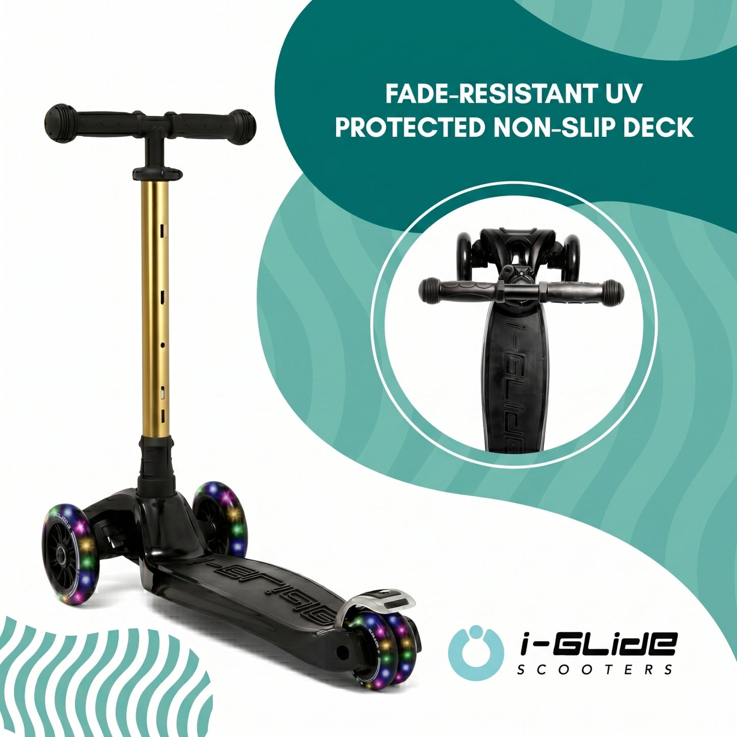 i-GLIDE | 3 Wheel Kids Scooter | Black - Gold Bar